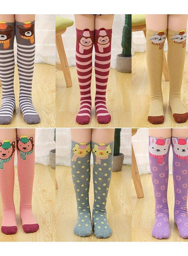 Girls Knee High Socks, 6 Colors Cartoon Animal Designs, Cat Bear Fox Over Calf Socks, Cotton Tube Socks for Kids Ages 2-12 - Image 2