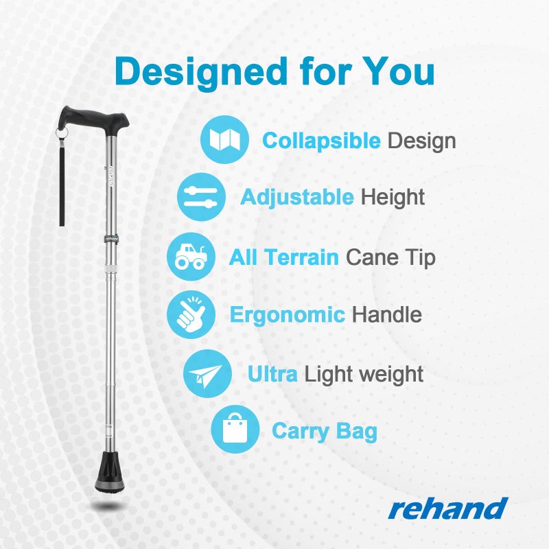 REHAND Walking Cane - Foldable, Adjustable, Collapsible Walking Canes for Men & Women, Pivot Tip, with Travel Bag | Walking Sticks for Seniors & Adults [Silver] - Image 2