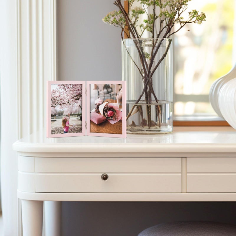 Space Art Deco 4x6 Double Hinged Frames  2 Folding Picture Frame  Stand Vertically on Desktop or Tabletop  Pink - Image 3