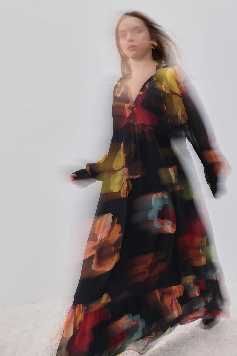 بيسز اوف ميلون Floral Patterned Ruffle Detailed Abstract Patterned Lined Maxi Dress