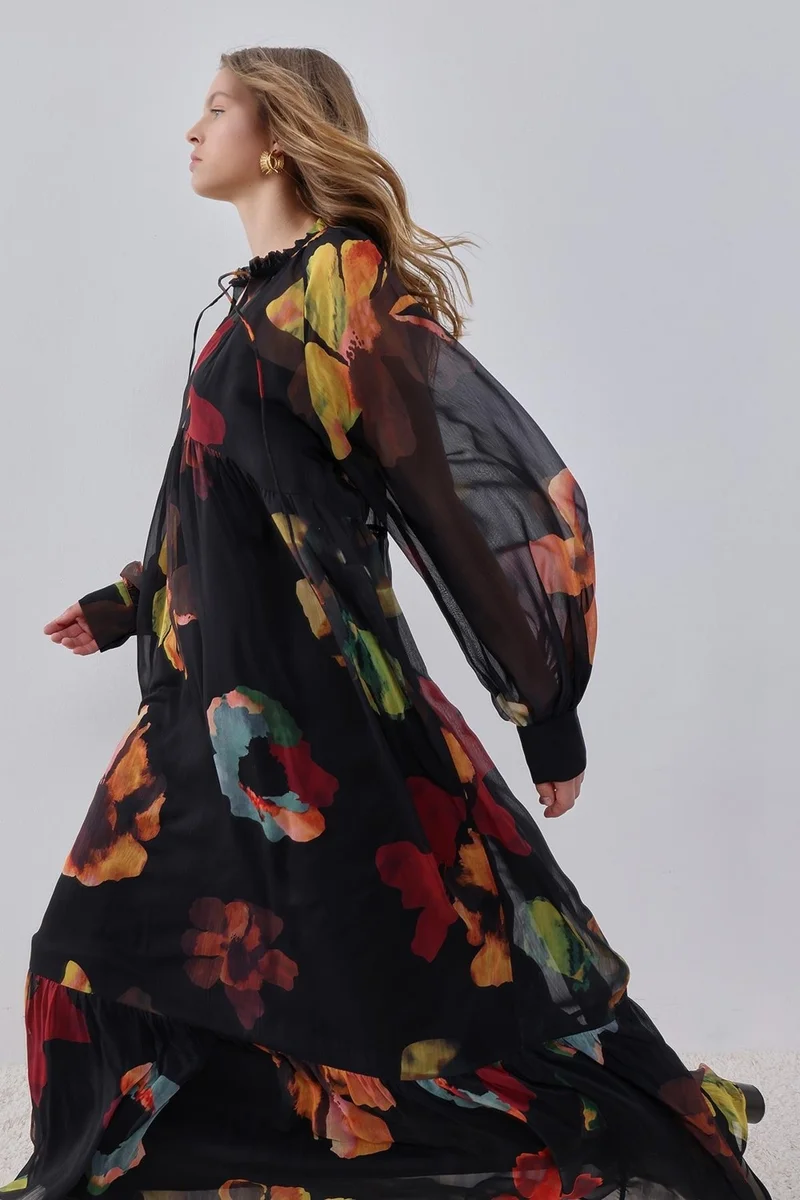 بيسز اوف ميلون Floral Patterned Ruffle Detailed Abstract Patterned Lined Maxi Dress