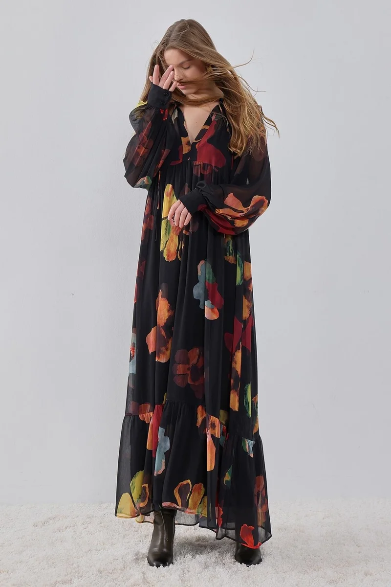 بيسز اوف ميلون Floral Patterned Ruffle Detailed Abstract Patterned Lined Maxi Dress