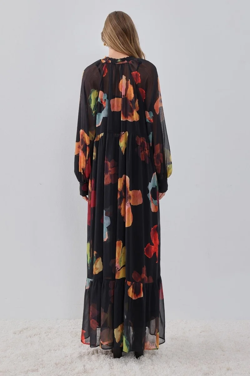 بيسز اوف ميلون Floral Patterned Ruffle Detailed Abstract Patterned Lined Maxi Dress