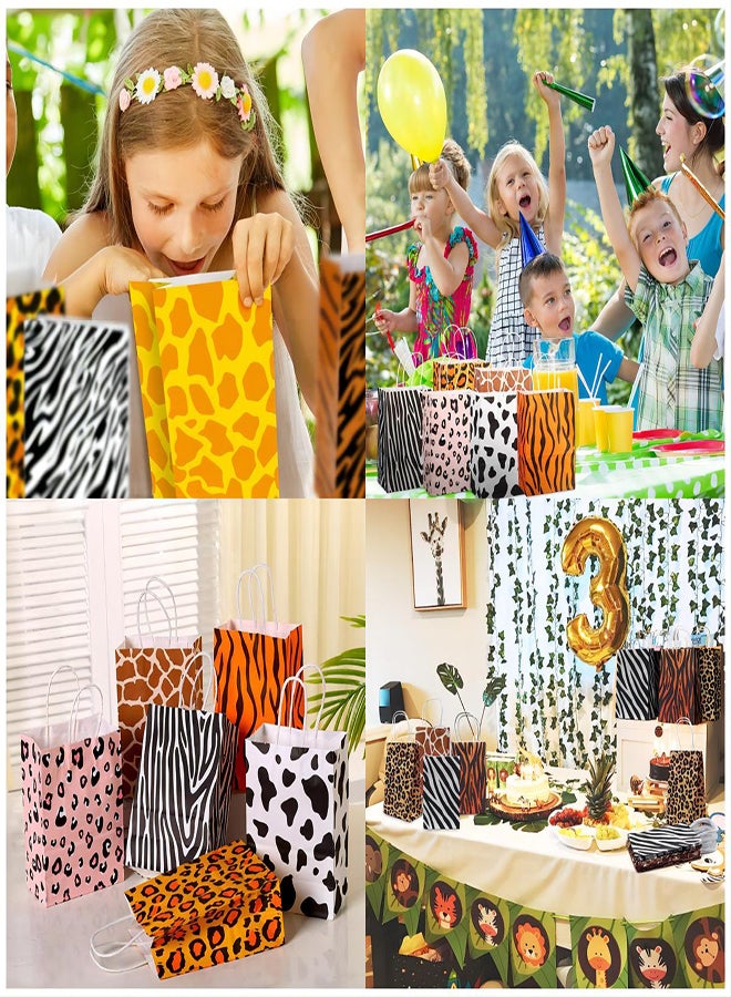 SYOSI أكياس هدايا من ورق الكرافت، 24 قطعة من أكياس الحلوى المطبوعة بطبعات حيوانات السفاري في الغابة مع مقابض، أكياس هدايا مطبوعة بطبعات الفهد، أكياس هدايا للحفلات لمستلزمات حفلات أعياد الميلاد ذات الطابع السفاري، بيع التجزئة للسلع - Image 3