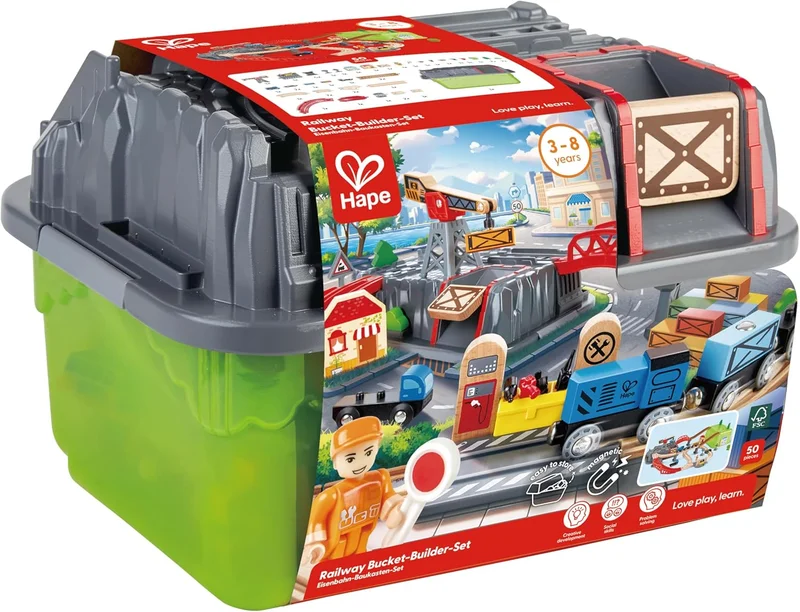 Hape Hape City Train Bucket Set | City-Themed Wooden Railway Train Track Toy Set with 48 Pieces and Storage Box for Ages 3 Years+