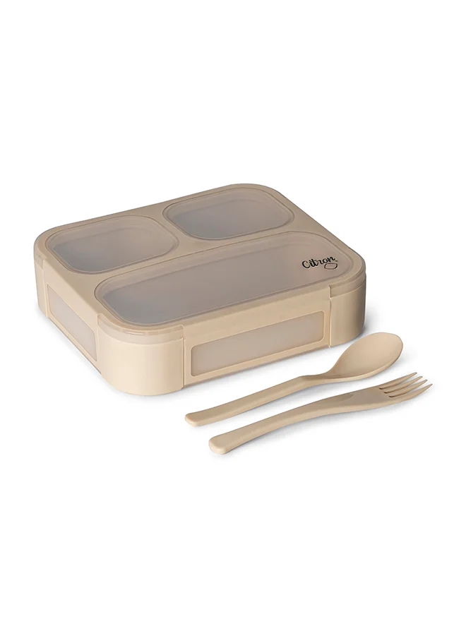 Citron Bento Lunchbox Comes With Fork And Spoon, Snack And Portion Control Containers For Kids And Adults, Leakproof And Bpa Free - Beige