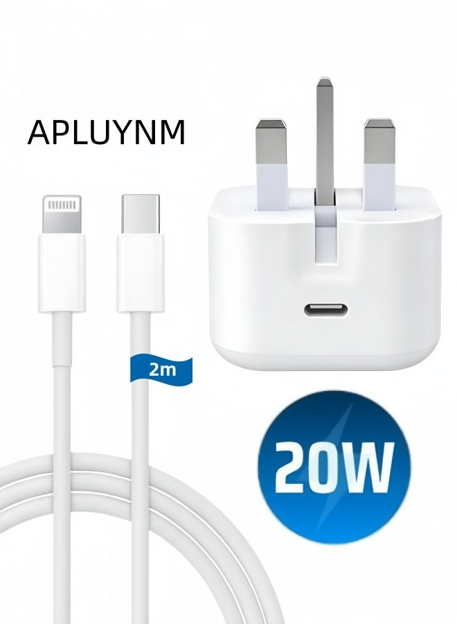 أبلينم شاحن سريع 20 واط لأجهزة آيفون | شاحن جداري سريع بمنفذ USB-C مع كابل USB-C إلى Lightning بطول 2 متر، متوافق مع أجهزة آيفون 14/14 برو/14 برو ماكس/13/12/SE 2020/11/XR/XS ماكس/X/آيباد - Image 1