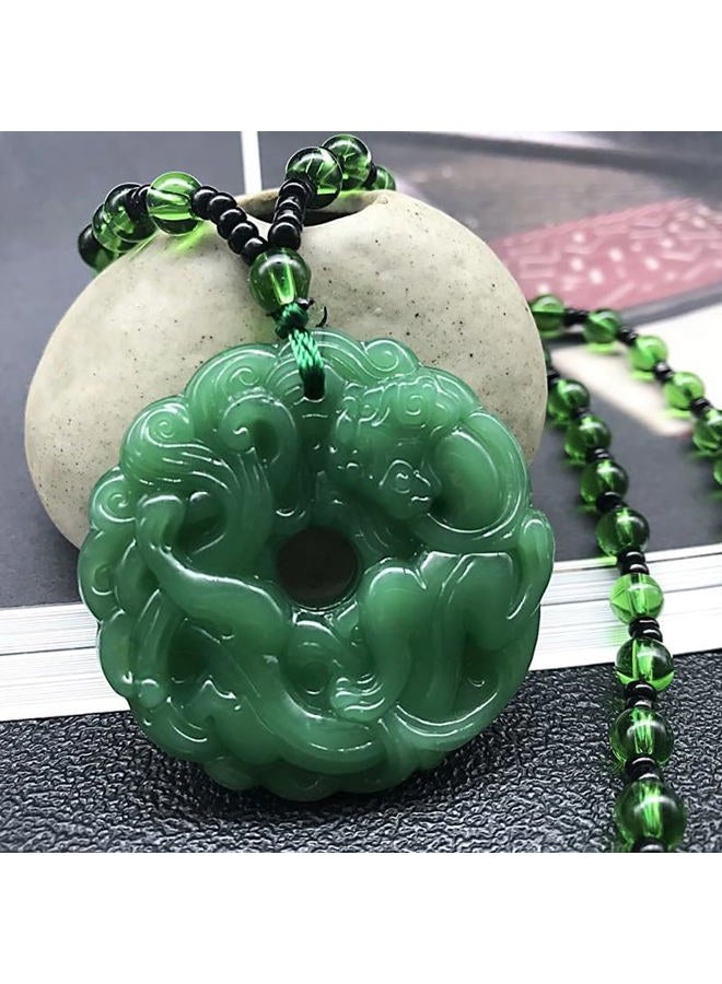 Mnyixsi Fashion Feng Shui Pixiu Jade Pendant Necklace for Men Women, Handmade Carved Dainty Chunky Natural Green Jade Jewelry, Vintage Good Luck Amulet, Hetian Peace Buckle Statement Necklace - Image 4