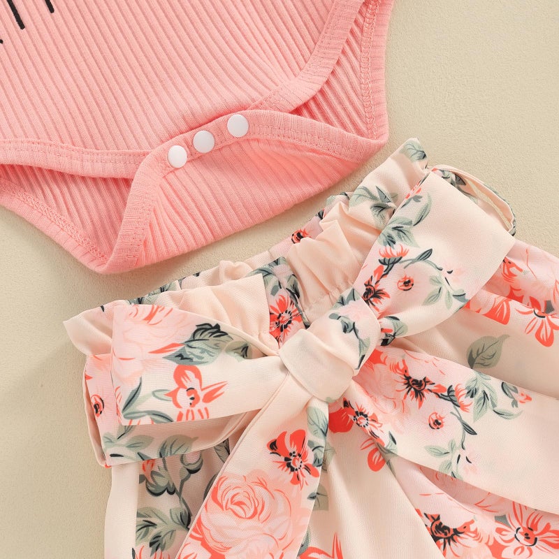 wybzd Baby Girl Newborn Outfit Hello Im New Here Clothes Ribbed Ruffle Romper Top Floral Summer Shorts Set (A New Here Shorts Set, Newborn) - Image 4