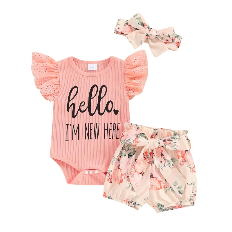 wybzd Baby Girl Newborn Outfit Hello Im New Here Clothes Ribbed Ruffle Romper Top Floral Summer Shorts Set (A New Here Shorts Set, Newborn) - Image 1