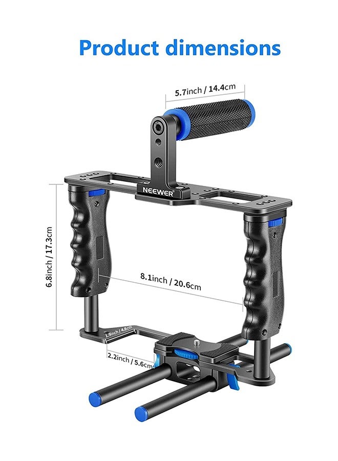 NEEWER Camera Video Cage Film Movie Making Kit, Aluminum Alloy with Top Handle, Dual Hand Grip, Two 15mm Rods, Compatible with Canon Sony Fujifilm Nikon DSLR Camera and Camcorder (Black + Blue) - Image 2