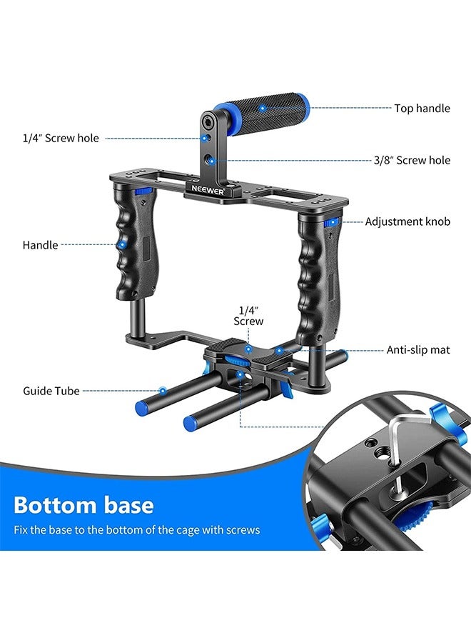 NEEWER Camera Video Cage Film Movie Making Kit, Aluminum Alloy with Top Handle, Dual Hand Grip, Two 15mm Rods, Compatible with Canon Sony Fujifilm Nikon DSLR Camera and Camcorder (Black + Blue) - Image 5