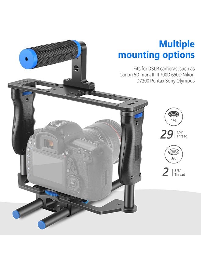 NEEWER Camera Video Cage Film Movie Making Kit, Aluminum Alloy with Top Handle, Dual Hand Grip, Two 15mm Rods, Compatible with Canon Sony Fujifilm Nikon DSLR Camera and Camcorder (Black + Blue) - Image 3