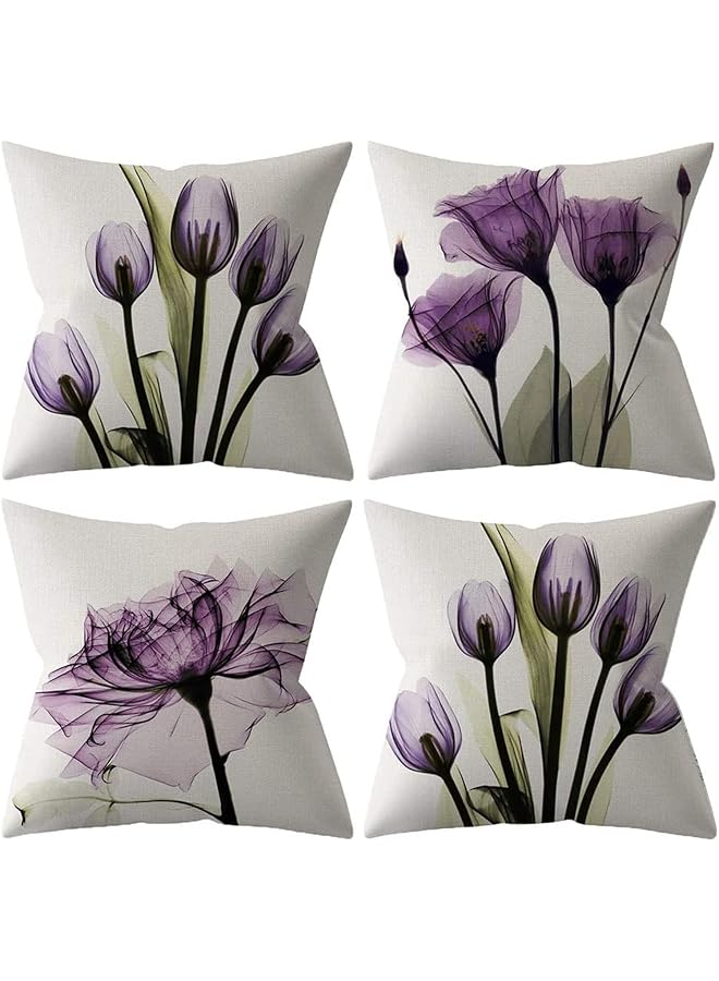 The Bros Throw Pillow Covers Set of 4 Purple Flower Cushion Covers 18x18 inch Boho Linen Square Throw Pillow Cover for Living Room Sofa Couch Bed Pillowcase 45cm x 45cm - Image 1