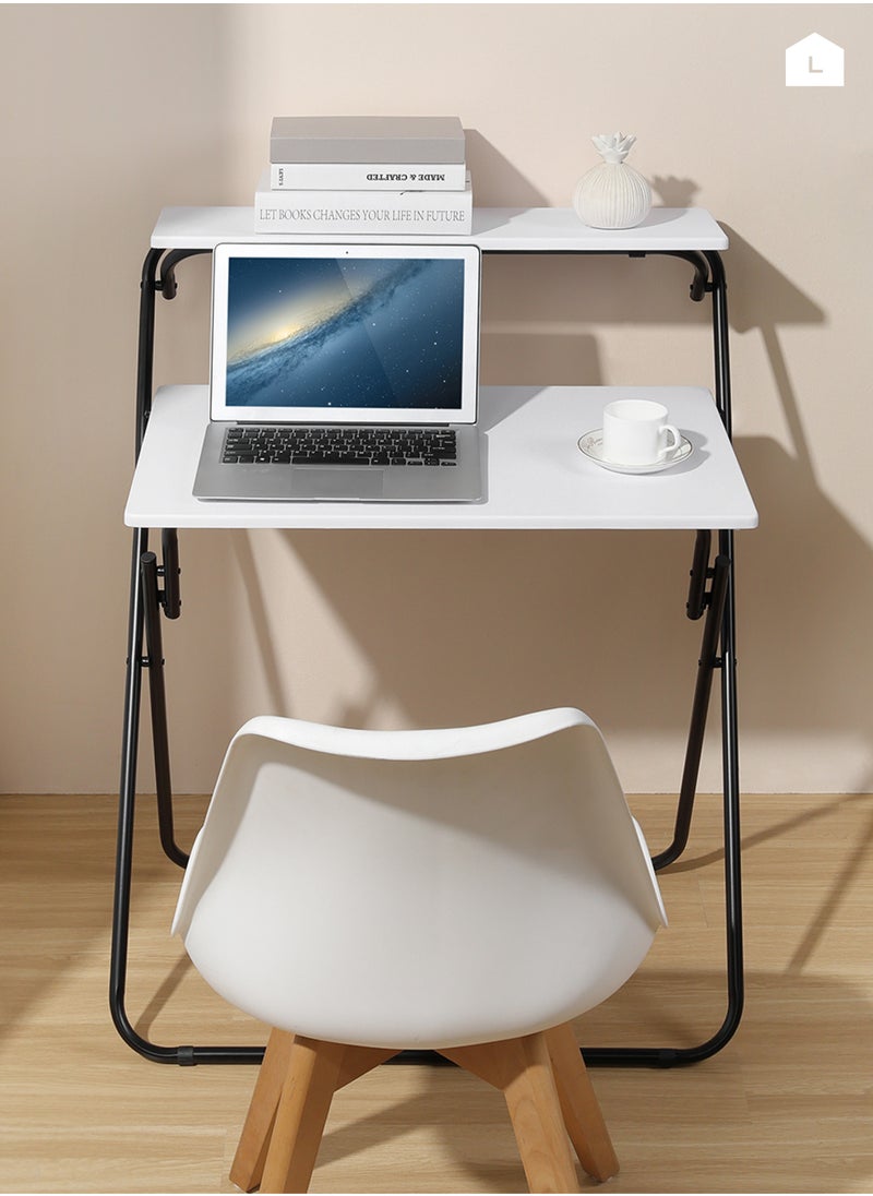 LAWAZIM - Foldable Computer Table - White- Compact Sleek Space-Saving Desk with Two-Tier Design and Upper Shelf for Storage - Writing Desk for Home Office Dorm Rooms and Small Spaces - No Assembly Needed - Image 1