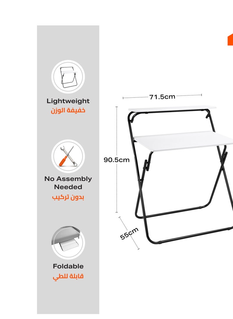 LAWAZIM - Foldable Computer Table - White- Compact Sleek Space-Saving Desk with Two-Tier Design and Upper Shelf for Storage - Writing Desk for Home Office Dorm Rooms and Small Spaces - No Assembly Needed - Image 1