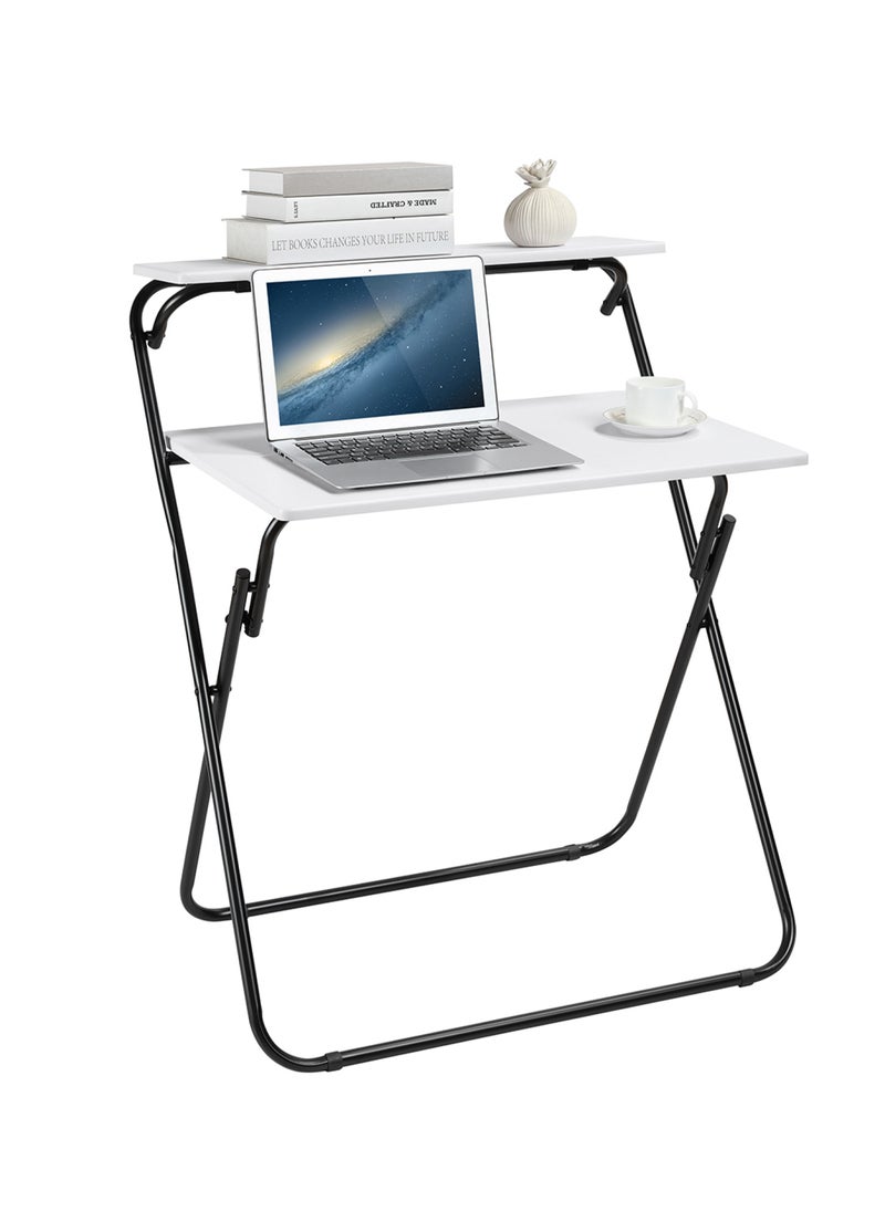 LAWAZIM - Foldable Computer Table - White- Compact Sleek Space-Saving Desk with Two-Tier Design and Upper Shelf for Storage - Writing Desk for Home Office Dorm Rooms and Small Spaces - No Assembly Needed - Image 1