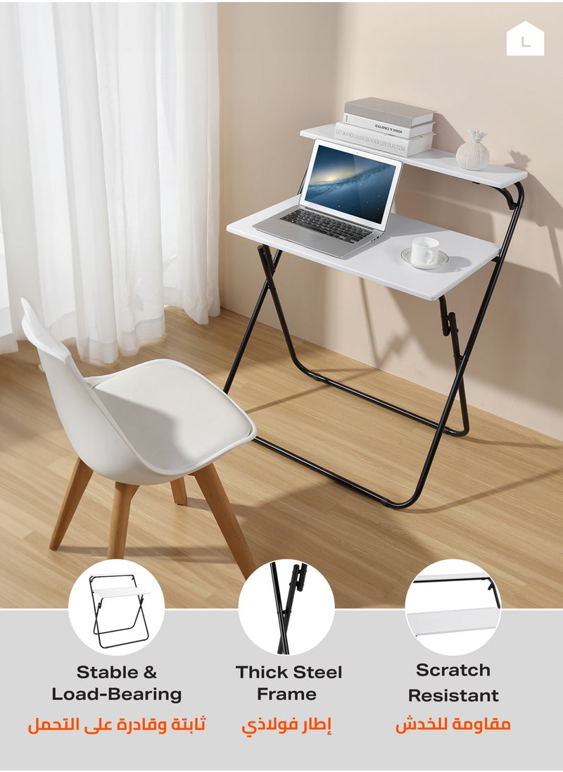 LAWAZIM - Foldable Computer Table - White- Compact Sleek Space-Saving Desk with Two-Tier Design and Upper Shelf for Storage - Writing Desk for Home Office Dorm Rooms and Small Spaces - No Assembly Needed - Image 1