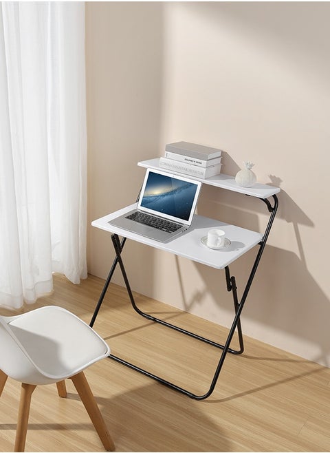 Foldable Computer Table - White- Compact Sleek Space-Saving Desk with Two-Tier Design and Upper Shelf for Storage - Writing Desk for Home Office Dorm Rooms and Small Spaces - No Assembly Needed