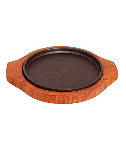 Tinax Wooden Sizzling Brownie Sizzler PlateTray with Wooden Base Round 7inch - Image 1