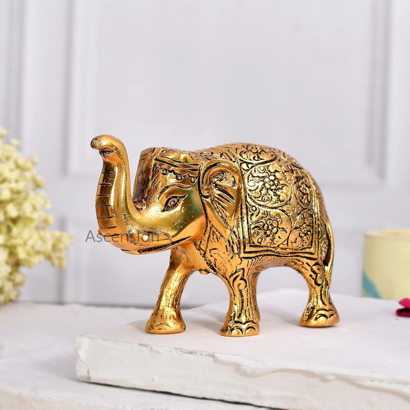 Ascension ascension Metal Trunk Up Elephant Statue Figurine Fengshui Vastu Lucky Decorative Items for Home Living Room Office Desktop Animal Figurine Antique Elephant Showpiece Golden - Image 2
