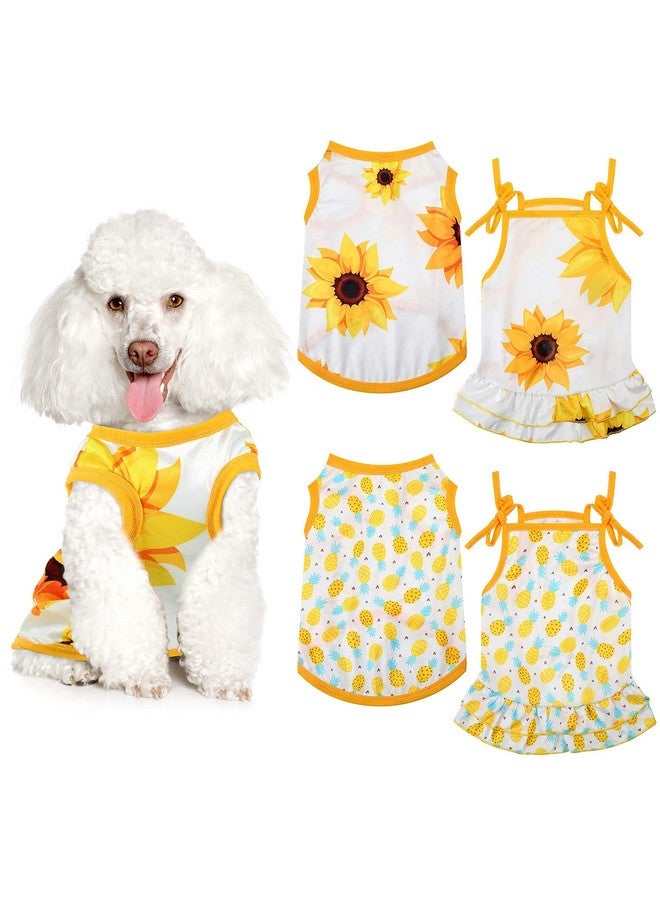 Frienda 4 Pieces Pet Clothes Set Include 2 Pieces Cute Pet Dress Lovely Dog Dress and 2 Pcs Breathable Dog T Shirt Puppy Clothes(Pineapple, Sunflower,X-Large) - Image 1