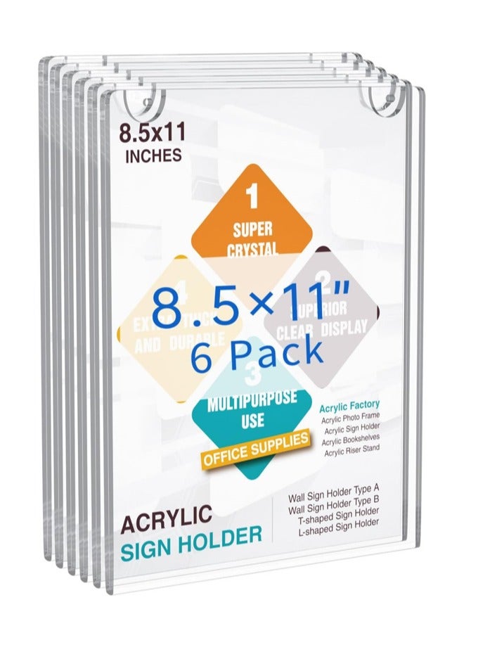 TPGP Acrylic Wall Sign Holder 8.5x11 Vertical - Clear Plastic Ads Frame for Paper, with 3M Tape and Mounting Screws (6 Pack) - Image 1