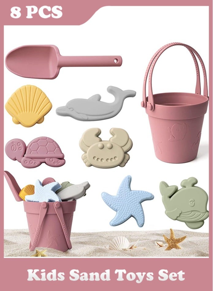 8PCS Kids Sand Toys Set, Silicone Beach Toys with Portable Beach Bag, Travel Friendly Beach Toys Set for Boys Girls, Beach Bucket Set with Sand Toy Molds, Summer Outdoor Toys (Pink) - Image 1
