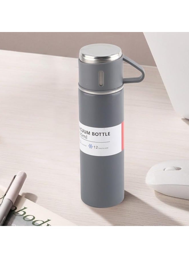 Set Of Vacuum Flask Bottle 500Ml Thermal Stainless Steel With 3 Cups 12 Hours Hot And Cold Insulated Travel Beverage Flask Portable Water Bottle For Outdoor, Office and School (gray)  - Image 1