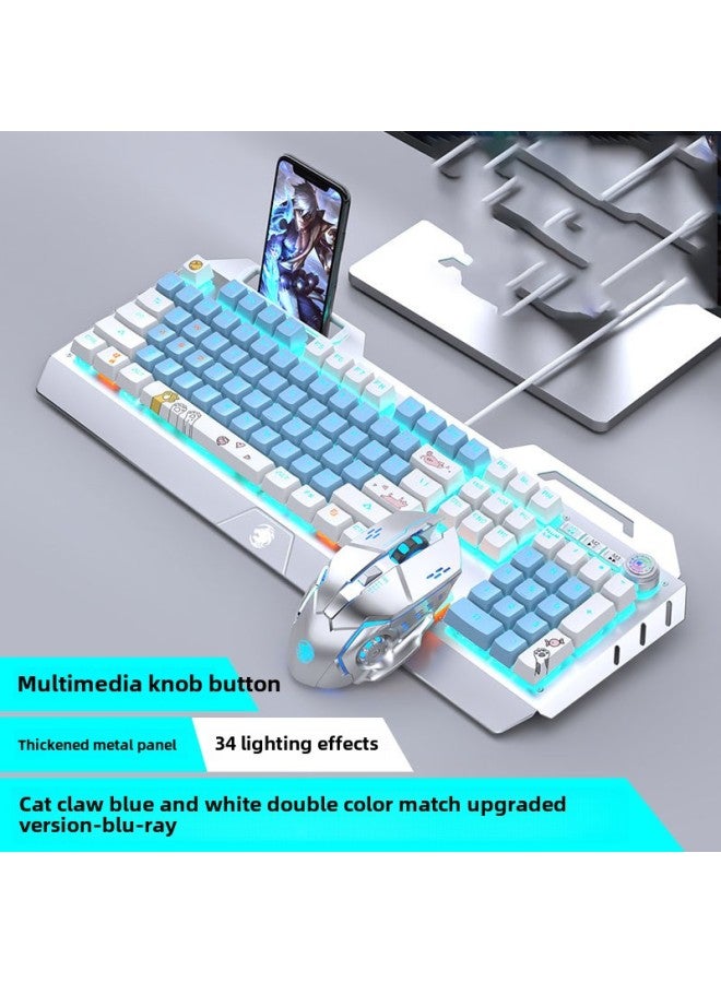 Forerunner TK900 Mechanical Keyboard Wired Mouse Suit Game Computer Electronic Competition Green Axis Wireless Keyboard Mouse Special-Color:Cat's Claw Blue And White Double Spell [Blu-ray] Keyboard And Mouse Set-Upgraded Edition - Image 1