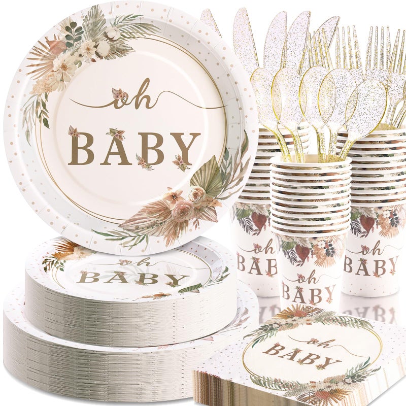 Gudvilla 350 Pcs Boho Baby Shower Decorations for Girl  Baby Shower Plates and Cups and Napkins Sets  Oh Baby Plates for Western Sweet Baby Girl  Summer Fall Gender Neutral  Serves 50 - Image 1