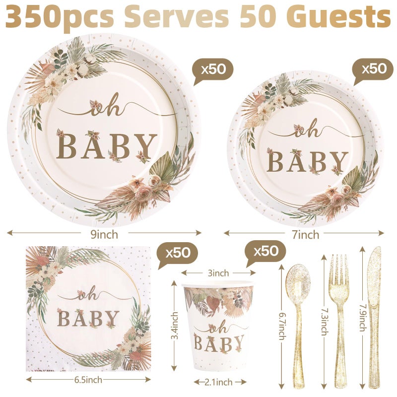 Gudvilla 350 Pcs Boho Baby Shower Decorations for Girl  Baby Shower Plates and Cups and Napkins Sets  Oh Baby Plates for Western Sweet Baby Girl  Summer Fall Gender Neutral  Serves 50 - Image 2