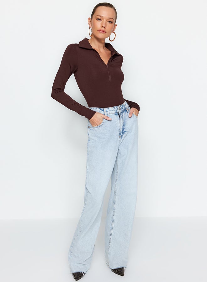 trendyol Brown Zipper Collar Detailed Flexible Knitted Body with Snaps from the Bottom TWOAW24BD00005 - Image 2