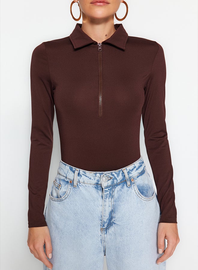 trendyol Brown Zipper Collar Detailed Flexible Knitted Body with Snaps from the Bottom TWOAW24BD00005 - Image 4