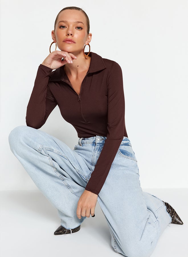 trendyol Brown Zipper Collar Detailed Flexible Knitted Body with Snaps from the Bottom TWOAW24BD00005 - Image 3