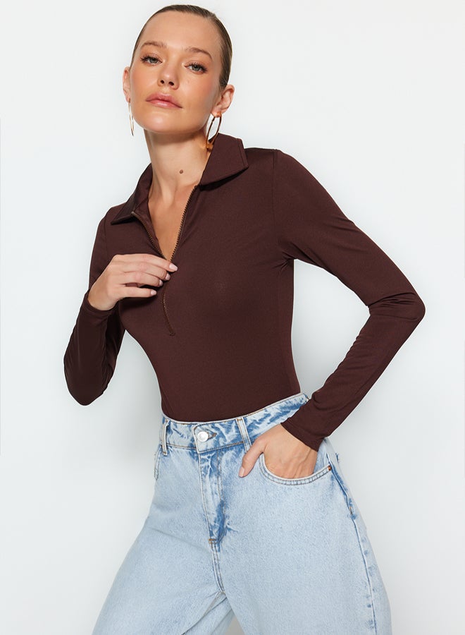 trendyol Brown Zipper Collar Detailed Flexible Knitted Body with Snaps from the Bottom TWOAW24BD00005 - Image 1