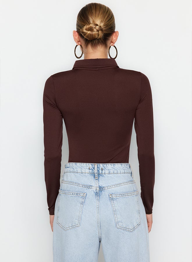 trendyol Brown Zipper Collar Detailed Flexible Knitted Body with Snaps from the Bottom TWOAW24BD00005 - Image 5