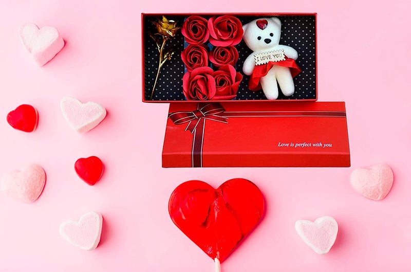 Saugat Traders Love Gift for Boyfriend and Girlfriend Golden Rose Teddy Gift Box with Couple Ring Unique Gift Hamper for Girlfriend Birthday Gift for Girlfriend - Image 3