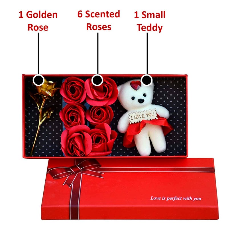 Saugat Traders Love Gift for Boyfriend and Girlfriend Golden Rose Teddy Gift Box with Couple Ring Unique Gift Hamper for Girlfriend Birthday Gift for Girlfriend - Image 2