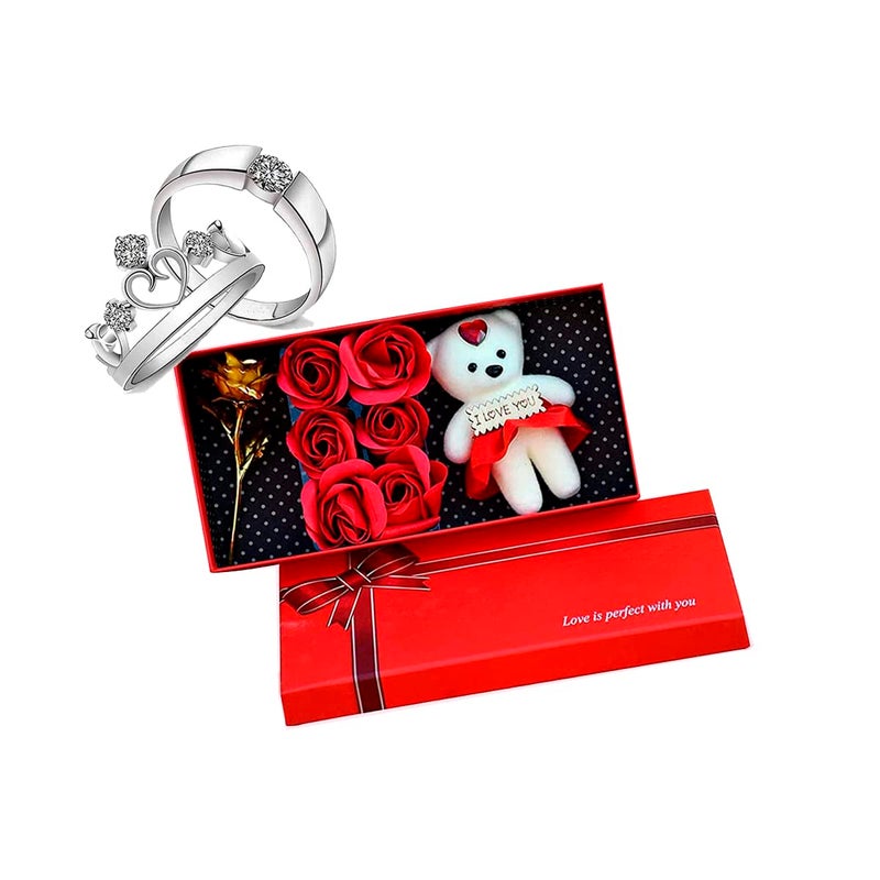 Saugat Traders Love Gift for Boyfriend and Girlfriend Golden Rose Teddy Gift Box with Couple Ring Unique Gift Hamper for Girlfriend Birthday Gift for Girlfriend - Image 1