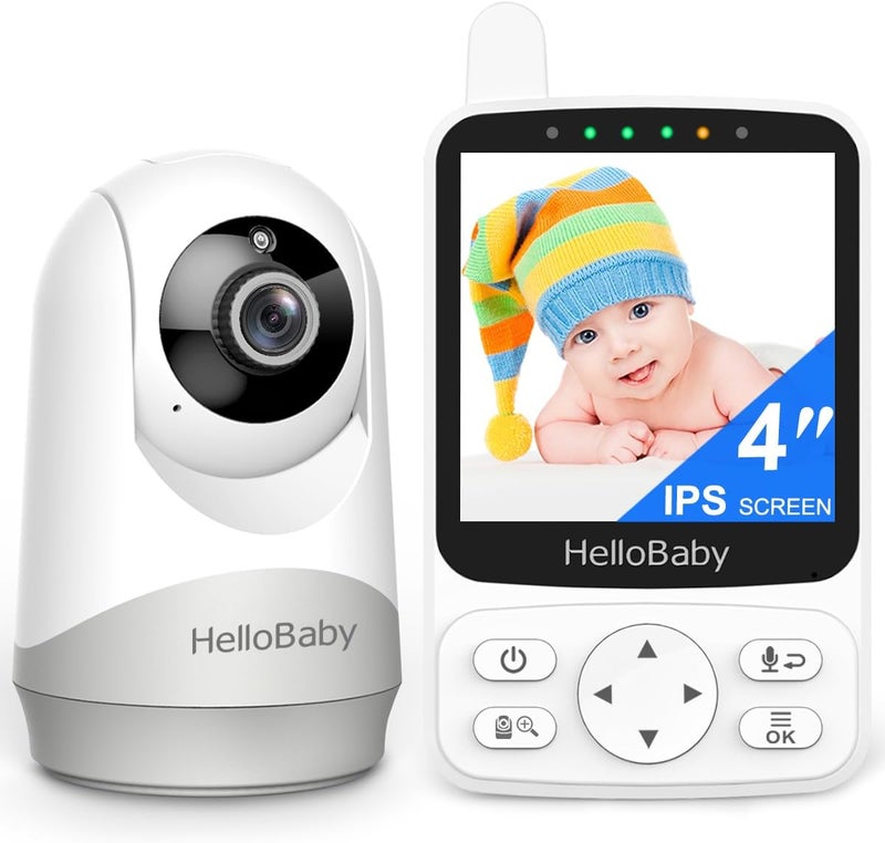 Hellobaby مراقب الأطفال HelloBaby بدون واي فاي مع رؤية ليلية مفعلة بالصوت وكاميرا IPS 4 بوصة وصوت ثنائي الاتجاه وتحريك وتكبير PTZ وبطارية 26 ساعة ونطاق 1000 قدم محمول لروضة الأطفال والسفر - Image 1
