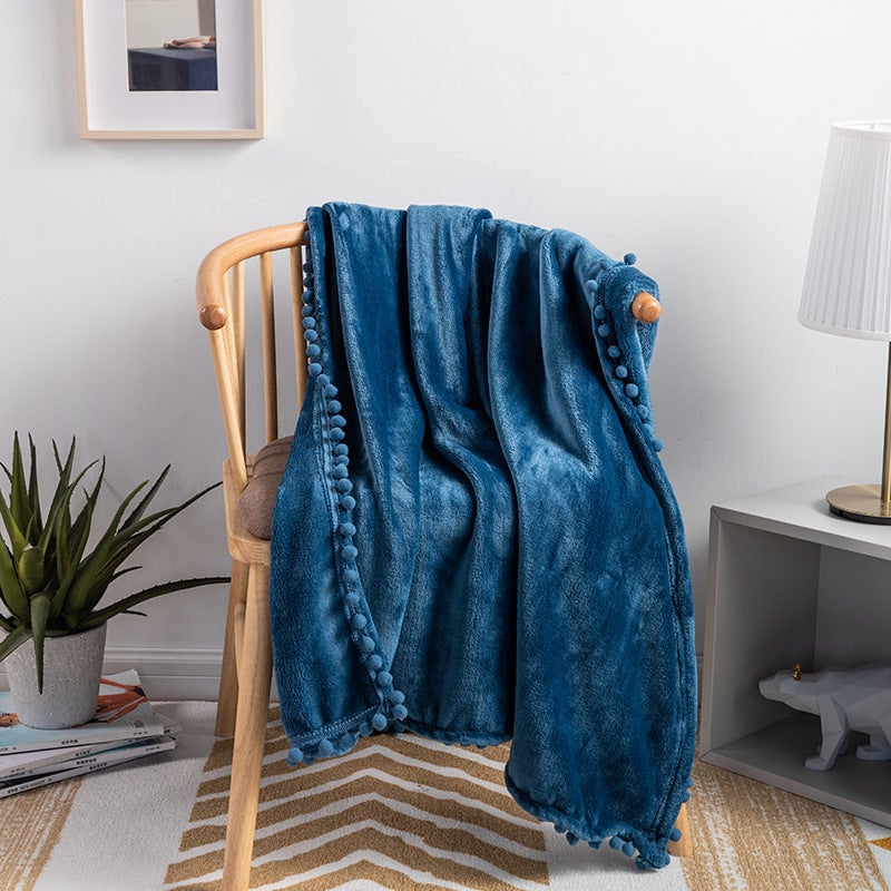 Fringe Pom-Pom Flannel Throw Blanket Solid Color Hailan 