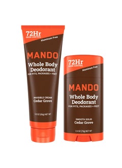 Mando Mando Whole Body Deodorant - Invisible Cream Tube and Solid Stick - 72 Hour Odor Control - Aluminum Free, Baking Soda Free, Skin Safe - 3.0 Ounce Tube and 2.6 Ounce Solid Stick Bundle - Cedar Grove  - Image 1