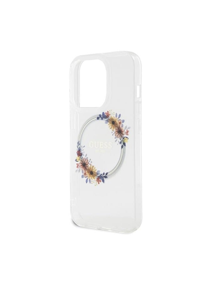 GUESS Guess Phone Case for iPhone 15 Pro 6.1 Inch Transparent Hard Case IML Flowers Wreathe - Image 1