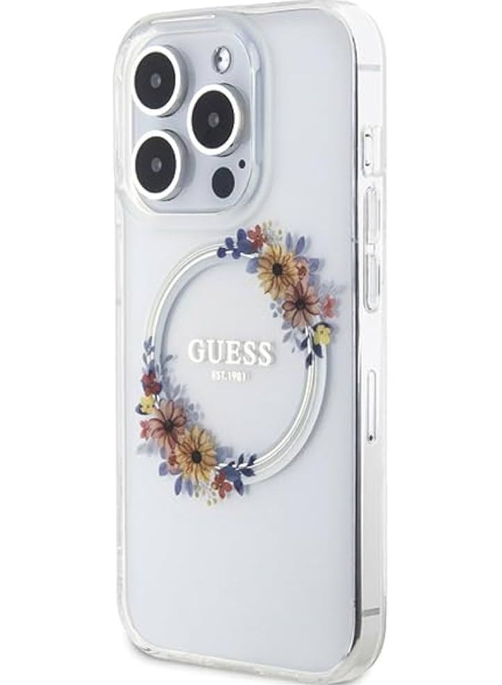 GUESS Guess Phone Case for iPhone 15 Pro 6.1 Inch Transparent Hard Case IML Flowers Wreathe - Image 2
