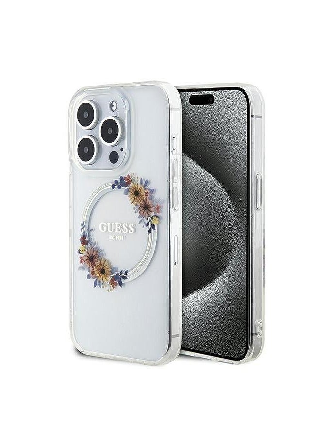 GUESS Guess Phone Case for iPhone 15 Pro 6.1 Inch Transparent Hard Case IML Flowers Wreathe - Image 3