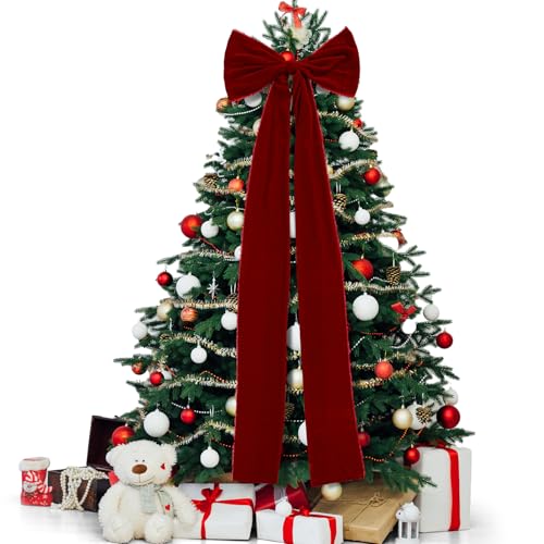 Knitgrip Extra Large Christmas Tree Topper Bows 157 x 472 Inches Giant Burgundy Christmas Velvet Decorative Bows with Long Streamers for Xmas Tree Wreath Party Holiday Farmhouse Home Decorations - Image 1