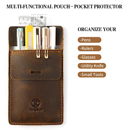 Ringsun Men's Pocket Protector - Full Grain Leather - Heavy Duty Pen Holder for Shirts, Lab Coats - Holds 6 Pens & Pointers & Cards - Image 4