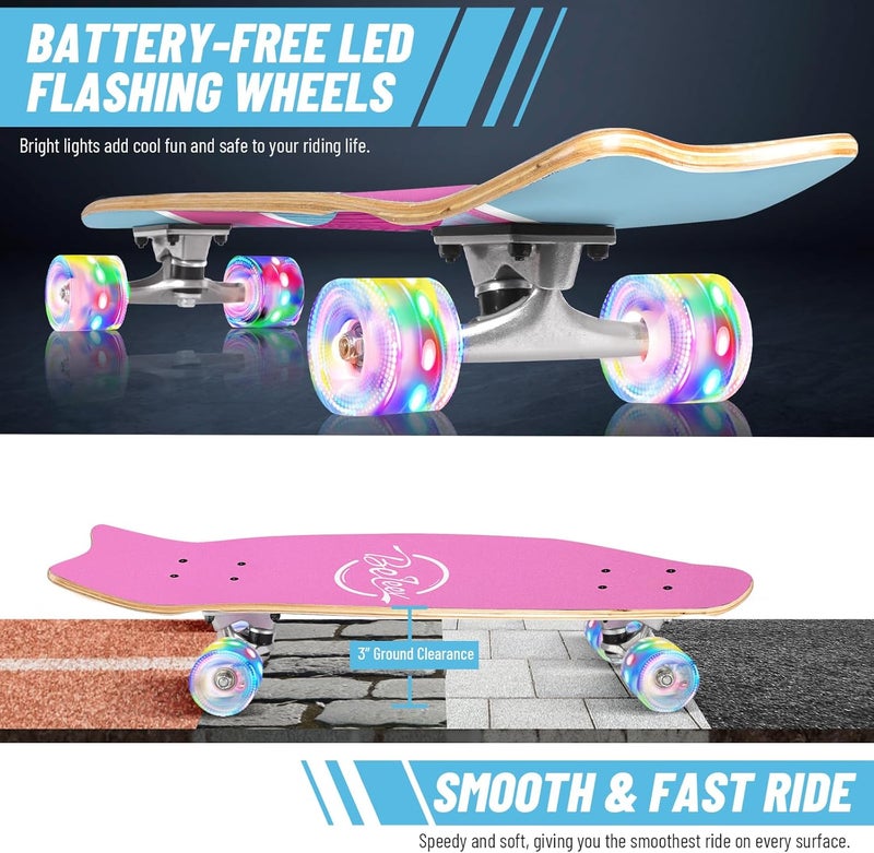 BELEEV Cruiser Skateboards for Beginners, 27 x 8 inch Complete Skateboard for Kids Teens Adults, 7 Ply Canadian Maple Double Kick Deck Concave Skateboard with Skate T-Tool - Image 2
