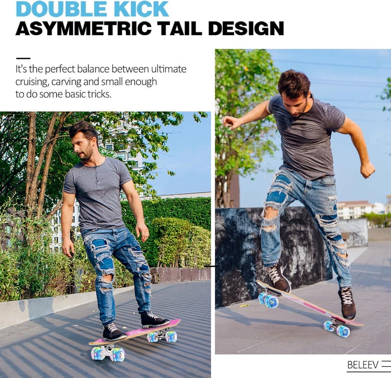 BELEEV Cruiser Skateboards for Beginners, 27 x 8 inch Complete Skateboard for Kids Teens Adults, 7 Ply Canadian Maple Double Kick Deck Concave Skateboard with Skate T-Tool - Image 5